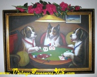 Image for Dogs Playing Poker Painting Nostalgically Retro Interpretation by Artist ? Honafi/? Homafi of the Famous Charming Classic & Oh-So-Kitschy Imagery of C. M. (Cassius Marcellus) Coolidge <b><span style='color:red'>*****FEDERAL EXPRESS GROUND SHIPPING INCLUDED – DOMESTIC ORDERS ONLY!*****</span></b><span style='color:purple'>